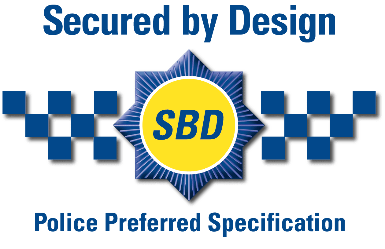 A blue and yellow logo with the words secured by design.