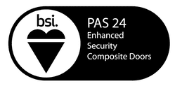 A black and white logo for the pas 2 4 enhanced security composite material.